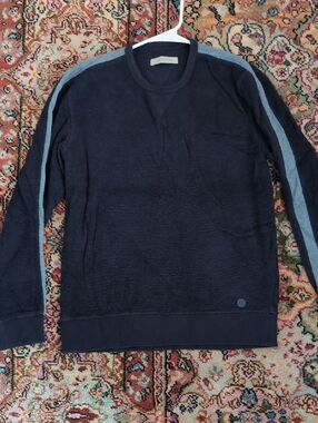 Outerknown Navy Hightide Crewneck Sweatshirt with Light-Blue Sleeve Stripes